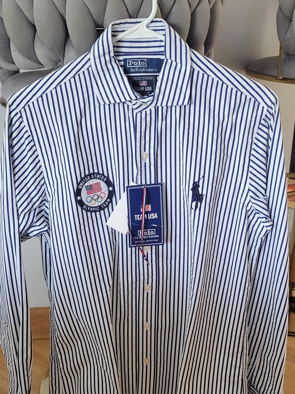 Ralph Lauren White and Navy Striped Team USA Button-Down Shirt